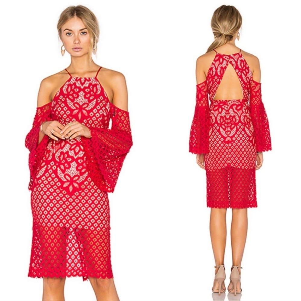 Bardot Elegant Red Lace Cold Shoulder Bell Sleeve Open Back Dress Size US 6/S